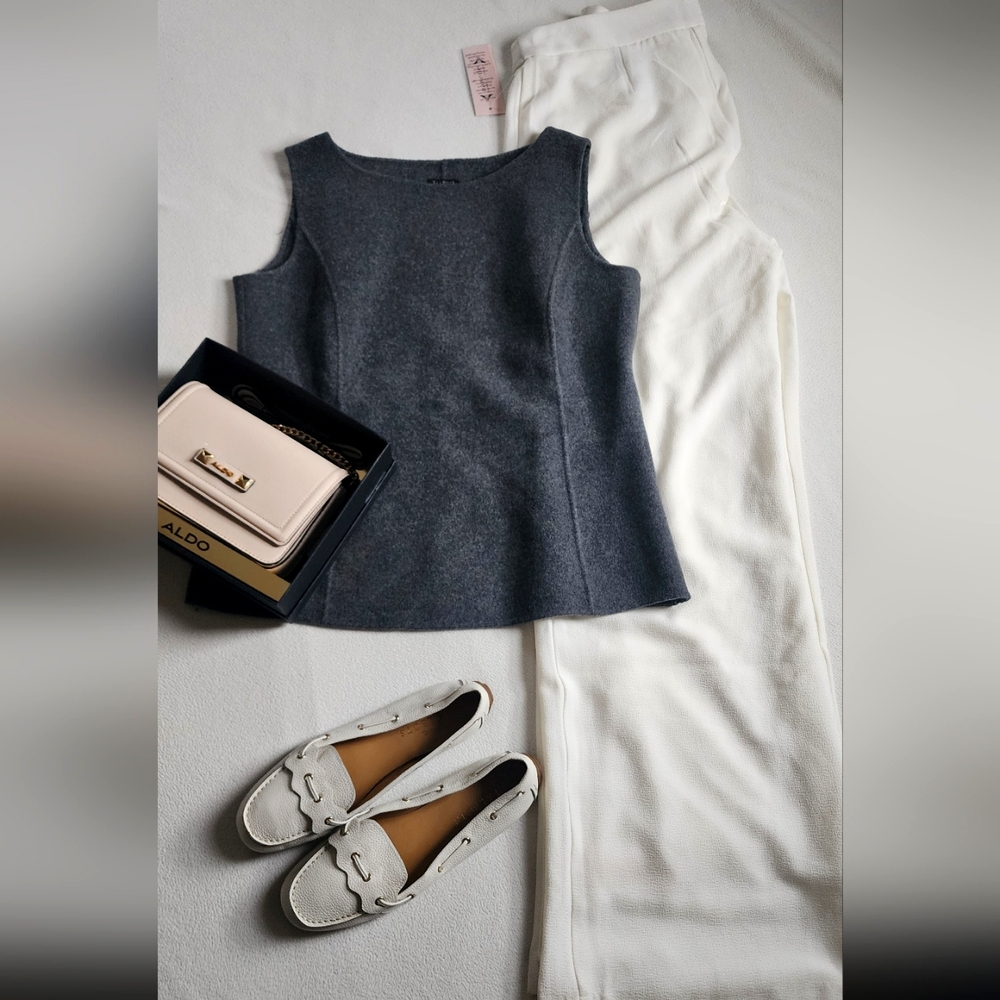 Talbots Gray Top and White Wide Leg Pants